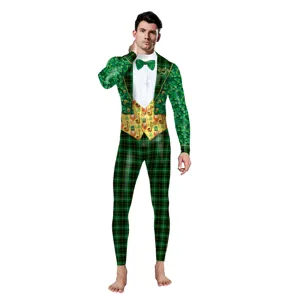 St. Patrick's Dag Heren Groene Ruit Mouwloze Lange Mouw Bodysuit Kostuum Feest Jumpsuit