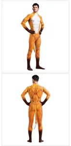 Detailed view of the fox animal printed full-body jumpsuit with attached tail for costume.