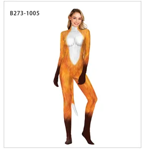 Detailed view of the fox print cosplay bodysuit featuring a realistic animal tail and tight fit.