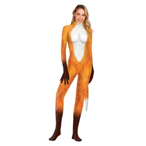 Full body fox animal costume jumpsuit with tail for adult stage performance and party wear