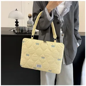 Korean style quilted laptop bag with blue bows, cute handbag for women and daily commute.