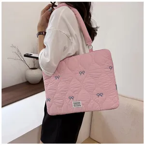 Korean quilted bow laptop bag stylish pink tablet shoulder bag for women daily commute use.