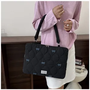 Korean style quilted laptop bag with blue bow embroidery, cute shoulder and tote bag.