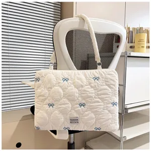 Detailed view of white quilted laptop bag featuring cute blue bow embroidery and stylish handle.