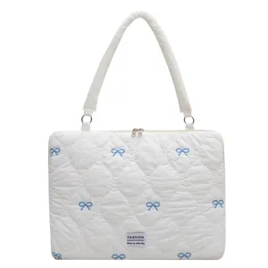 Korean style quilted laptop tote bag with blue bow embroidery, lightweight and stylish.