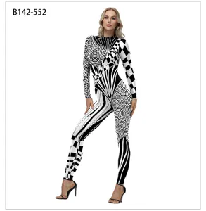 Full body view of the optical illusion print long sleeve jumpsuit apparel detail view.