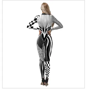 Detailed back view of a black and white geometric printed long-sleeve full-body jumpsuit.