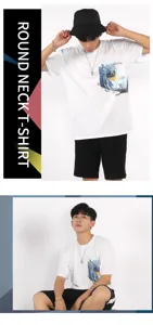 Men summer short sleeve t-shirt with landscape print, casual round neck top for daily wear.