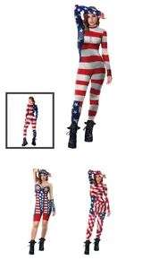 American flag 3D digital print festival tight bodysuit women's long sleeve jumpsuit party