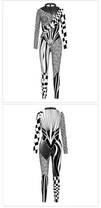 Front and back view of the black and white abstract geometric print long sleeve jumpsuit.