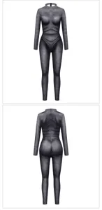 Detailed view of the creative printed full-body jumpsuit with long sleeves and crew neck design.