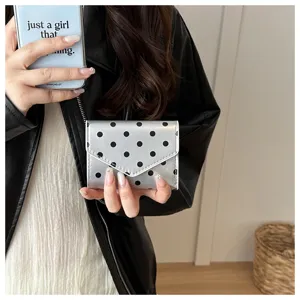 Primo piano dettagliato di un elegante portafoglio argentato a pois, mini borsa compatta.