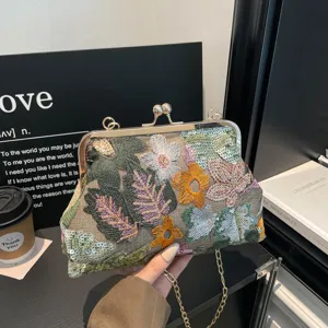 Retro floral sequin kiss-lock shoulder bag, elegant chic crossbody evening bag for women.