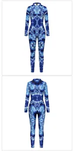 Womens fashion digital printed blue fractal long sleeve fitted jumpsuit bodysuit