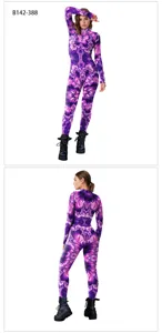 Women purple fractal print long sleeve jumpsuit slim fit digital printed bodysuit activewear