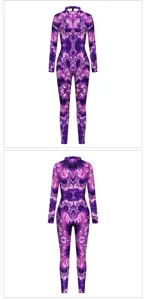 Women's purple fractal print long sleeve mock neck jumpsuit closeup detail view fashion.