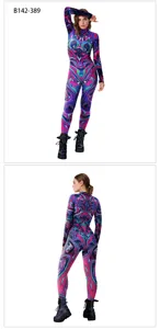 Women fashion digital print long sleeve high neck stretch bodysuit detail view style.
