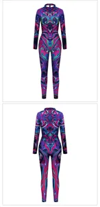 Vibrant digital print long sleeve jumpsuit detail showing front and back patterns.