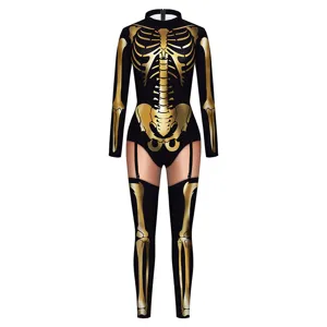 Gold skeleton 3D print long sleeve cosplay bodysuit festival performance costume