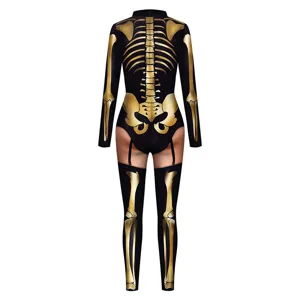 Halloween gold skeleton 3D digital print cosplay bodysuit long sleeve jumpsuit for women