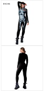 Halloween scary skeleton print long sleeve black jumpsuit costume for women party role play