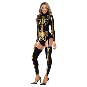 Black gold skeleton print 3D cosplay bodysuit for Halloween party festival performance use.