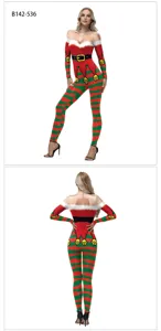 Detailed view of the Christmas striped long-sleeve jumpsuit with festive holiday print.