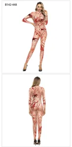 Halloween bloody print long sleeve tight bodysuit horror costume for women party wear.