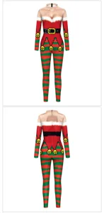 Christmas digital print bodysuit striped novelty holiday costume long sleeve jumpsuit