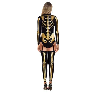 Back view detail showcasing the intricate gold 3D skeleton print on the black stretch bodysuit.