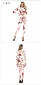 Halloween bloody print long sleeve jumpsuit scary cosplay costume for women party outfit