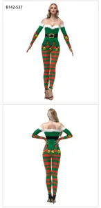 2025 New Christmas Elf Printed Bodysuit Long Sleeve Striped Holiday Cosplay Jumpsuit