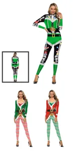 Christmas themed multi-style printed bodysuit detail view, festive costume and holiday outfit.