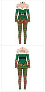 Detailed view of Christmas pixel elf print long-sleeve jumpsuit front and back design.