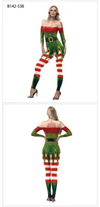 Christmas elf digital print women jumpsuit festive cosplay long sleeve striped bodysuit new
