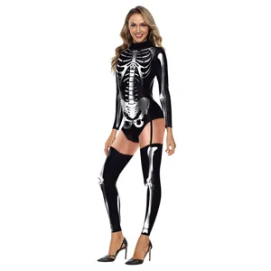 Detailed view of the 3D digital skeleton print bodysuit, featuring long sleeves and slim fit.