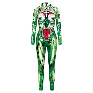 Detailed view of 3D digital print spooky monster cosplay jumpsuit with long sleeves.