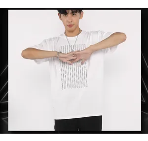 Men's casual white short sleeve t-shirt with stylish front vertical printed pattern for summer.