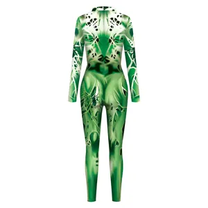 Green 3D digital print cosplay jumpsuit, long sleeve bodysuit for festival performance.