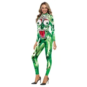 Close-up detail of the 3D digital print green jumpsuit featuring spooky skeleton and eye graphic.