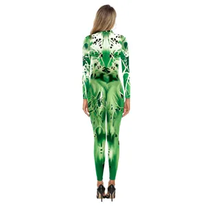 Green 3D spider print long sleeve jumpsuit cosplay costume detail view showing full back design.