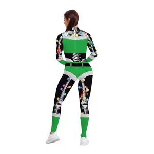 Christmas skeleton printed jumpsuit for women, festive holiday party cosplay costume.