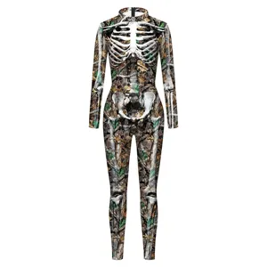 Detailed view of the 3D skeleton camo print cosplay bodysuit, showing unique holiday costume texture.