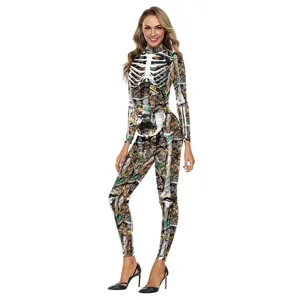 Detail view of the 3D digital printed skeleton camo cosplay jumpsuit for women party wear.