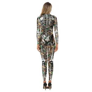 3D digital print cosplay jumpsuit back view showing intricate skeleton camouflage pattern details.