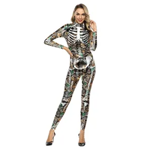 3d digital print skeleton jumpsuit women halloween cosplay slim long sleeve bodysuit