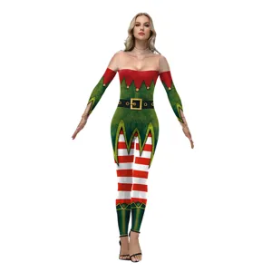 Women's Christmas Digital Printed Long Sleeve Bodysuit Festive Party Striped Jumpsuit