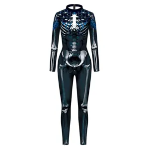 3D skeleton print cosplay jumpsuit for women, long sleeve festival party stretch bodysuit.