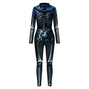 Detailed view of 3D digital printed skeleton cosplay bodysuit, perfect for Halloween and parties.