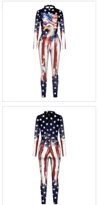 Gedetailleerd overzicht van het strakke bodysuit met Amerikaanse vlag en adelaar print.